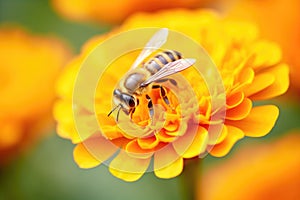 honeybee on a marigold with full pollen sacs