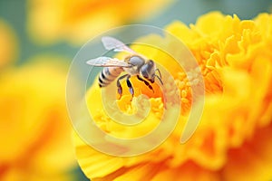 honeybee on a marigold with full pollen sacs