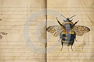 Honeybee, a pollinator arthropod, sits on notebook paper with handwriting photo