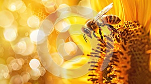 Honeybee on sunflower. Macro shot with bokeh background