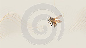 A honeybee is traced in golden lines, its flight path weaving into elegant curves, capturing the delicate dance of