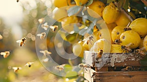 Honeybees gather on ripe fruits in an orchard, showcasing pollination and agriculture