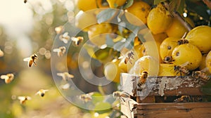 Honeybees gather on ripe fruits in an orchard, showcasing pollination and agriculture photo