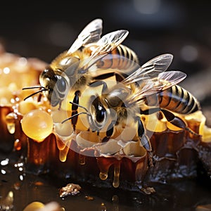 Honeybees on Honeycomb Dripping with Fresh Honey