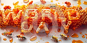 A honeybees are hovering over a honeycomb that spells out the \