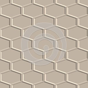 Honeycomb 3d embossed seamless pattern. Textured emboss hexagon background. Vector repeat surface beige backdrop. Beautiful modern