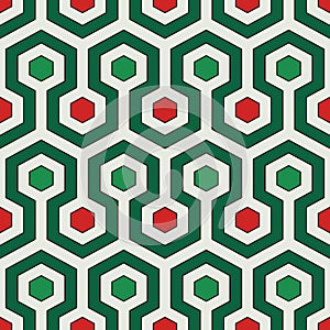 Honeycomb background. Bright colors repeated hexagon tiles mosaic. Seamless pattern in Christmas colors