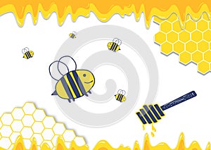 Honeycomb beehive with hexagon grid cells and flying bees cartoon with liquid honey dipper