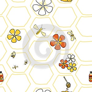 In the Honeycomb Bees and flowers seamless pattern Vector on white honey comb background.