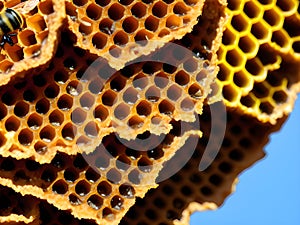 honeycomb on blue background, closeup, Ai Generated