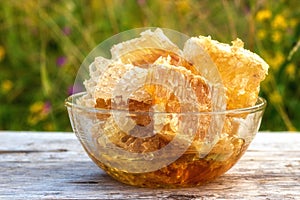 Honeycomb with Golden honey in a glass bowl