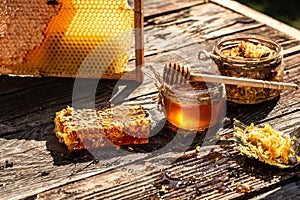 Honeycomb with honey, Honey background. bee products by organic natural ingredients concept, closeup