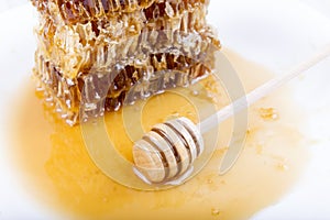 Honeycomb with honey and honey stick on white background