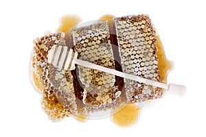 Honeycomb with honey and honey stick on white background