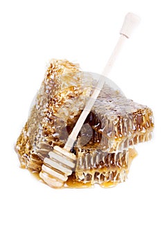 Honeycomb with honey and honey stick on white background