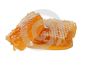 Honeycomb honey wax with liquid fresh honey isolated on white background, natural healthy food