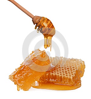 Honeycomb honey wax with liquid fresh honey isolated on white background, natural healthy food