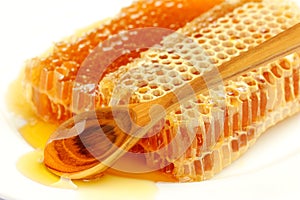 Honeycomb with honey on the white.