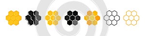 Honeycomb icons. Honeycomb of bee. Honey icons. Honey hive pattern. Beehive texture. Flat logos isolated on white background.