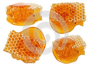Honeycomb with liquid honey piece set isolated on white background