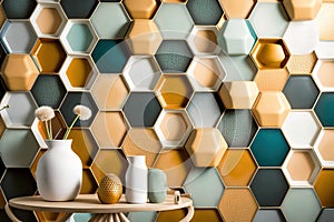 honeycomb mosaic wallpaper in color, mastic and jaude mostard. Generative AI