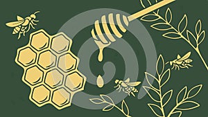 Honeycomb Pattern with Bees and Honey Drip, vector design Generative AI