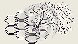 Honeycomb Pattern with Tree and Bee, Nature and Growth, vector design Generative AI
