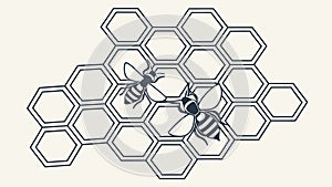 Honeycomb Pattern with Two Bees, Nature and Industry, vector design Generative AI