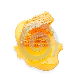 Honeycomb piece. Honey slice isolated on white background. Package design element