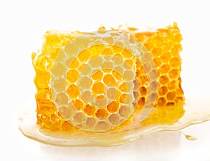 Honeycomb piece. Honey slice isolated on white background. Package design element