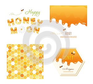 Honeycomb seamless pattern background, melted flowing honey, honeymoon letters and other design samples. Isolated on