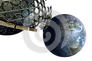 Honeycomb space station and spherical mother ship near Earth