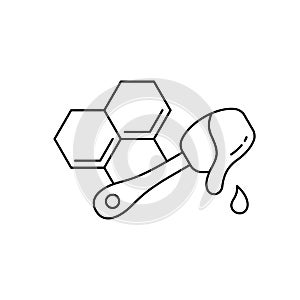 Honeycomb with spoon and dripping honey. Linear icon for packaging design. Black simple illustration. Contour isolated vector