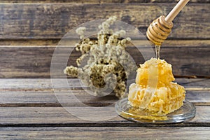 Honeycomb with stream of honey from spoon