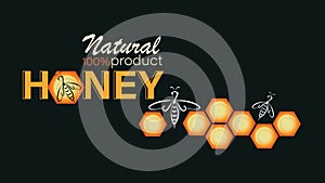 Honeycomb, swarm bees. Honey background. Emblem, label, business card. Linear bee logo, honeycomb and the inscription.