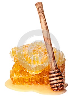 Honeycomb and wooden honey dipper on white background