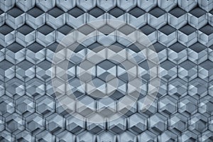 Honeycombs Qub. Background abstract minimalistic black / white texture with many rows of volumetric figures of hexagons lying in