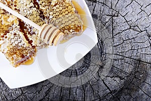 Honeycombs and stick to honey on wooden background