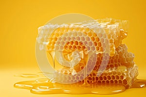 Honeycombs with sweet golden honey on yellow background