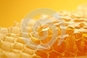 Honeycombs with sweet honey on yellow background, close up