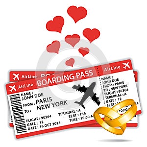 Honeymoon. Beautiful boarding passes with wedding rings and hearts. Hand drawn vector icon illustration.