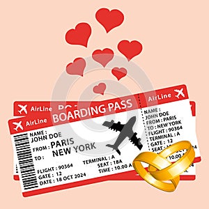 Honeymoon. Beautiful boarding passes with wedding rings and hearts. Hand drawn vector icon illustration II.