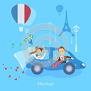 Honeymoon couple bride and groom journey in Paris