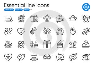 Honeymoon cruise, Wedding glasses and Yummy smile line icons. For website, printing and application. Vector