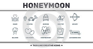 Honeymoon icons thin line set collection. Includes creative elements such as Dinner, Rings, Badroom, Boar Trip, Archery, Love