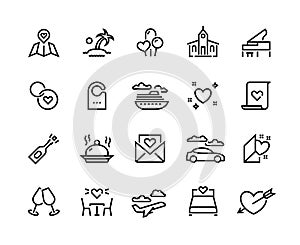 Honeymoon line icons. Wedding voyage and Valentine hearts symbols, love and marriage travel. Vector romantic travel set