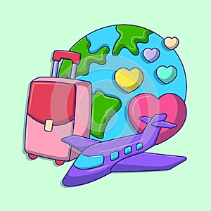 Honeymoon traveling illustration with colored hand drawn outline doodle style