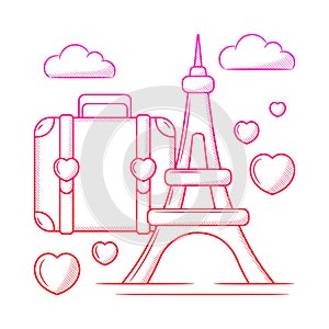 Honeymoon traveling illustration with hand drawn outline doodle style