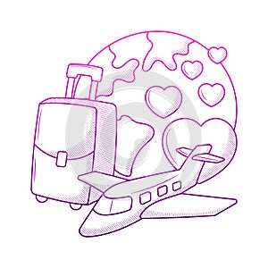 Honeymoon traveling illustration with hand drawn outline doodle style