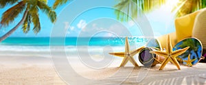 Honeymoon vacation on White sandy beach in the Caribbean;  Sunny Tropical Beach on Paradise Island